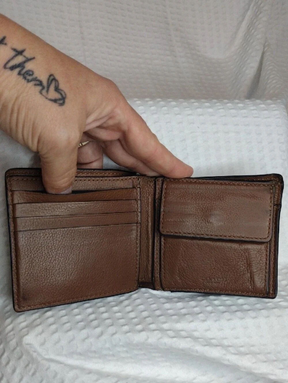 Coach Brown Leather Bifold Wallet with Cream and Navy Stripes F26171